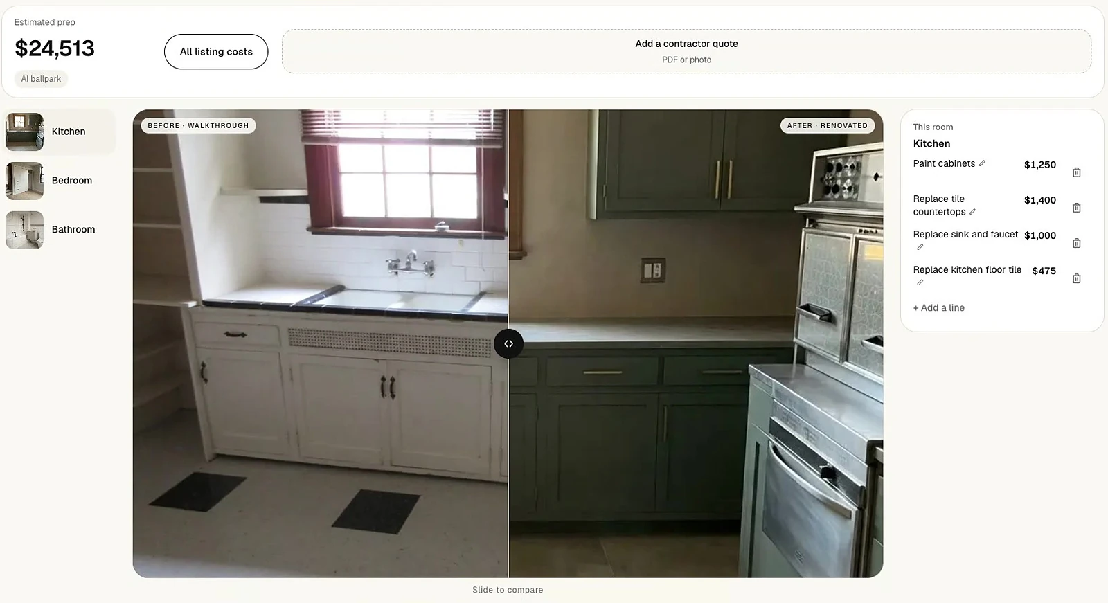 HomePrep AI before and after slider on a kitchen: original cabinets and lighting versus a renovation preview.