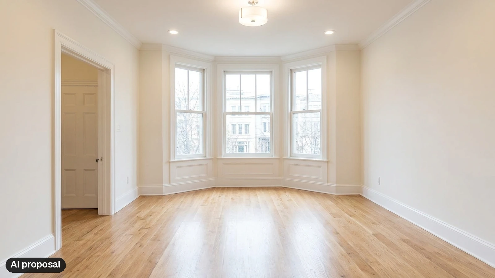 An AI renovation preview marked with the AI proposal label HomePrep AI adds to shared images.