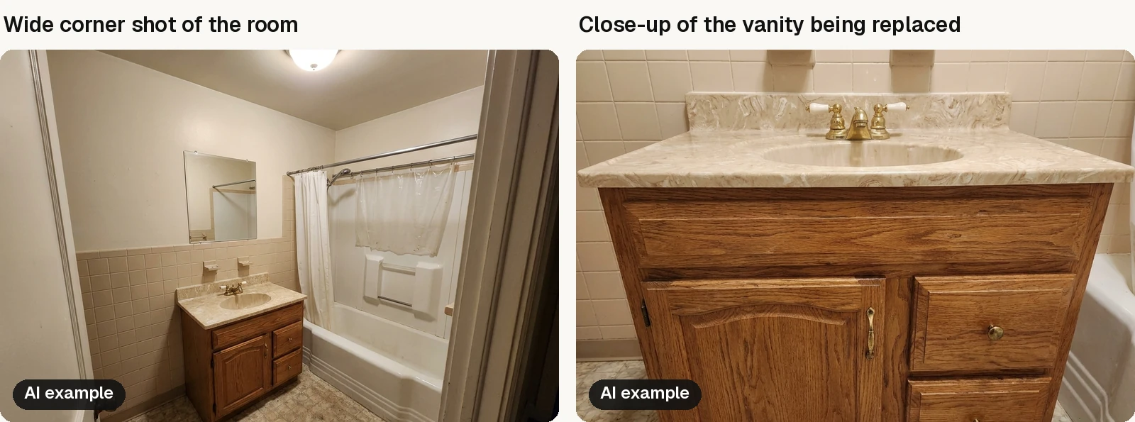 AI-generated example photos: a wide corner shot of a bathroom plus a close-up of the vanity being replaced.