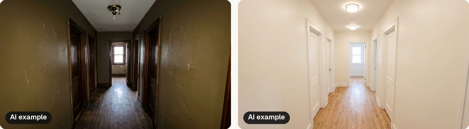 An AI-generated example hallway: dark and dated before, lighter paint and new fixtures in the renovation preview.