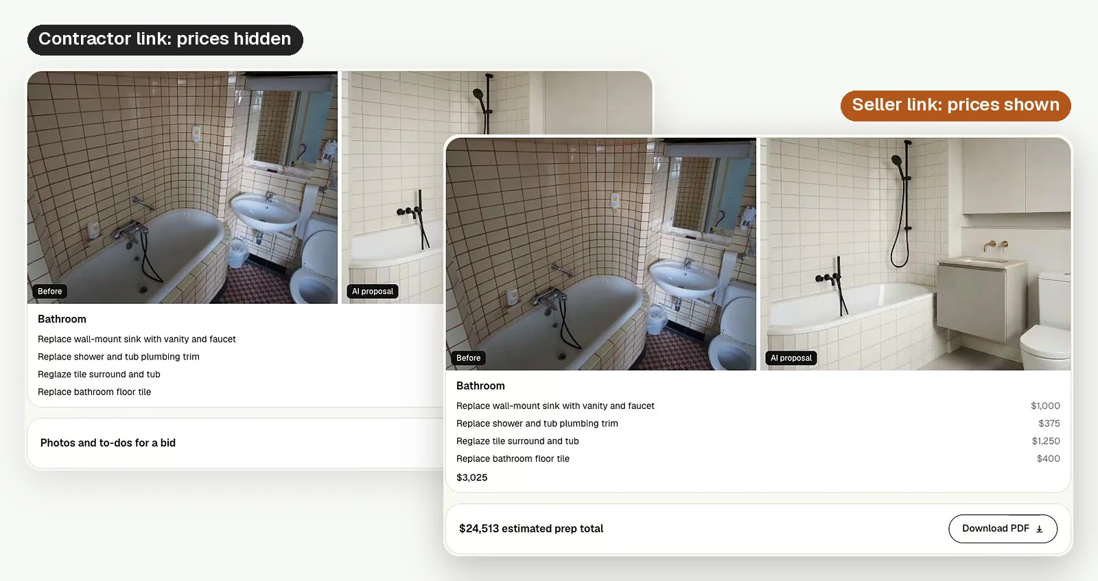 One plan, two views: the seller version with prices and the contractor version without.