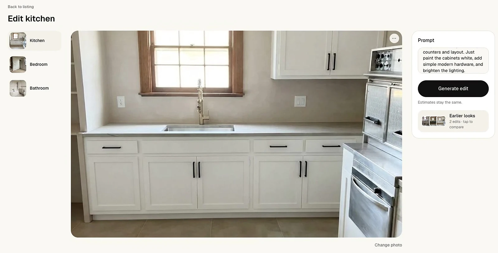 Editing a room in plain English, asking to paint the cabinets white and add simple modern hardware.