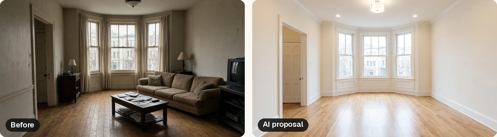 Before and AI preview of a living room: dark walls and dated lighting become light walls, new fixtures and refreshed floors.