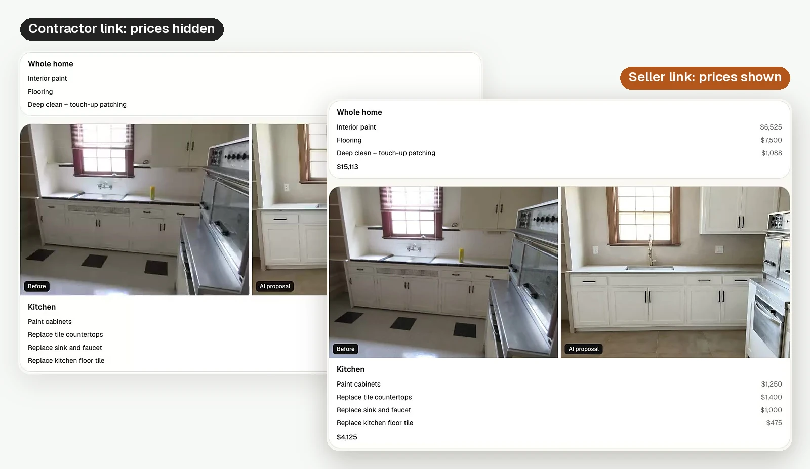 The same plan shared two ways: the seller plan shows line-item prices, the contractor scope hides them.